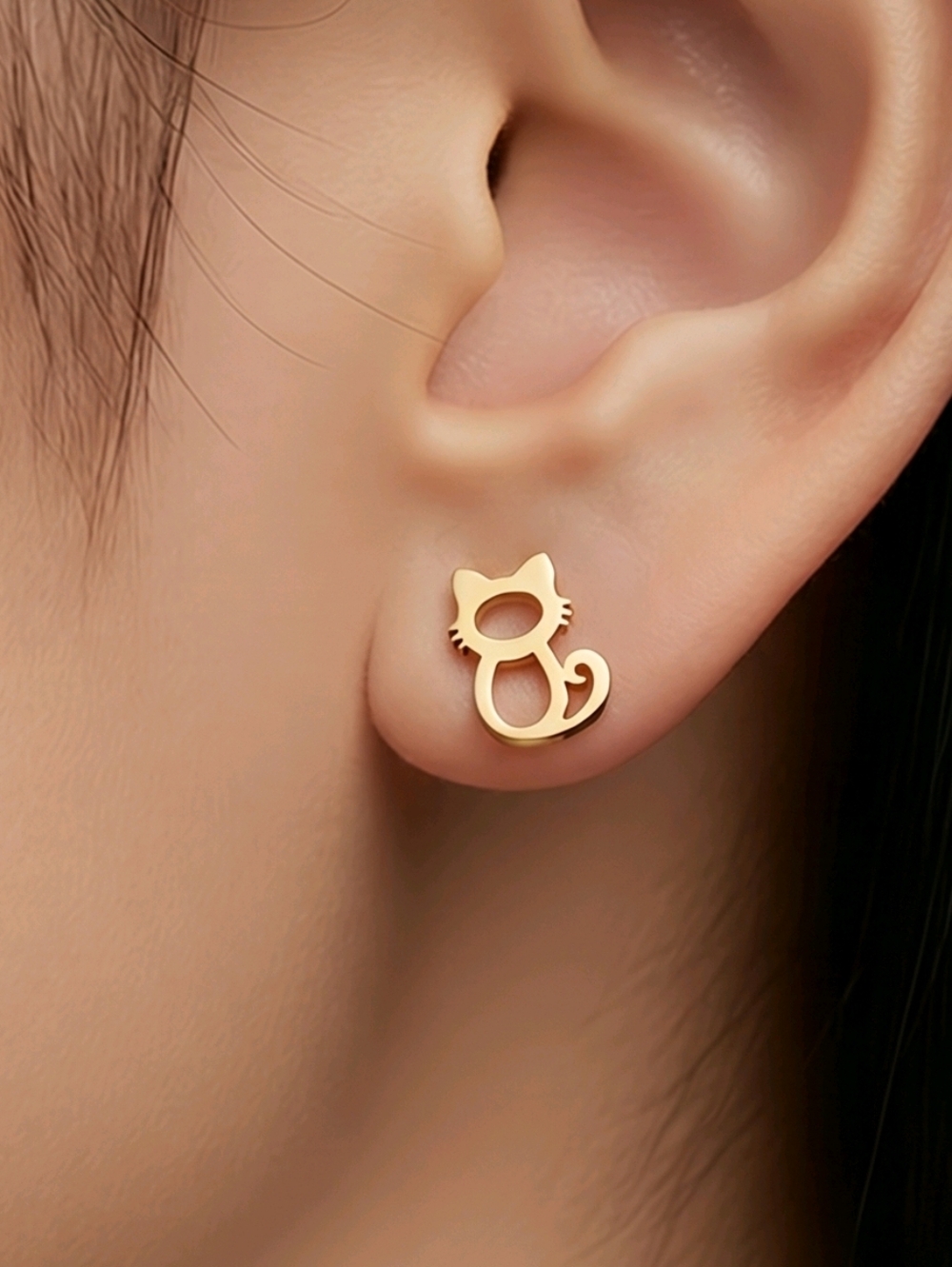Gold Cat Outline Stud Earrings Dainty Stainless Steel Minimalist Pet Lover Kitty